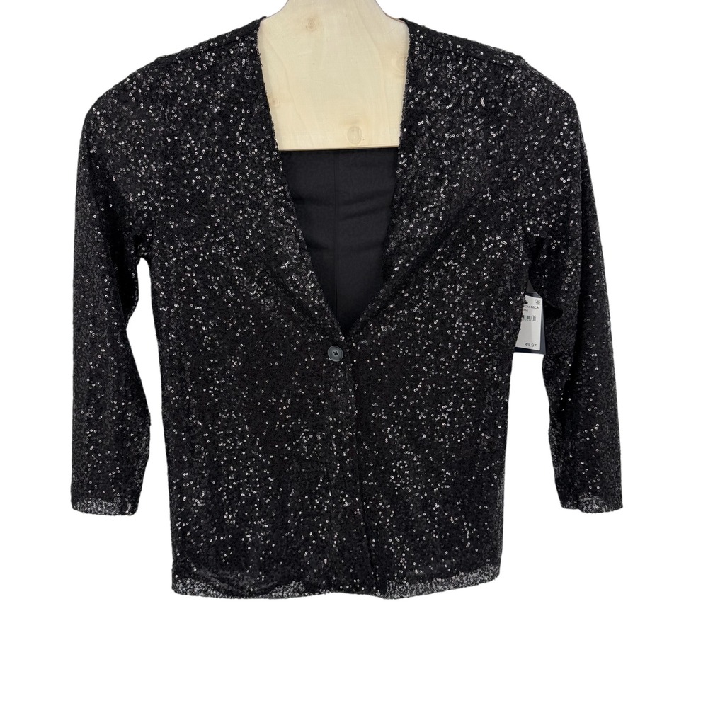Melrose and Market Sequin Blazer Women M Black Single Button Glam Party Sparkle